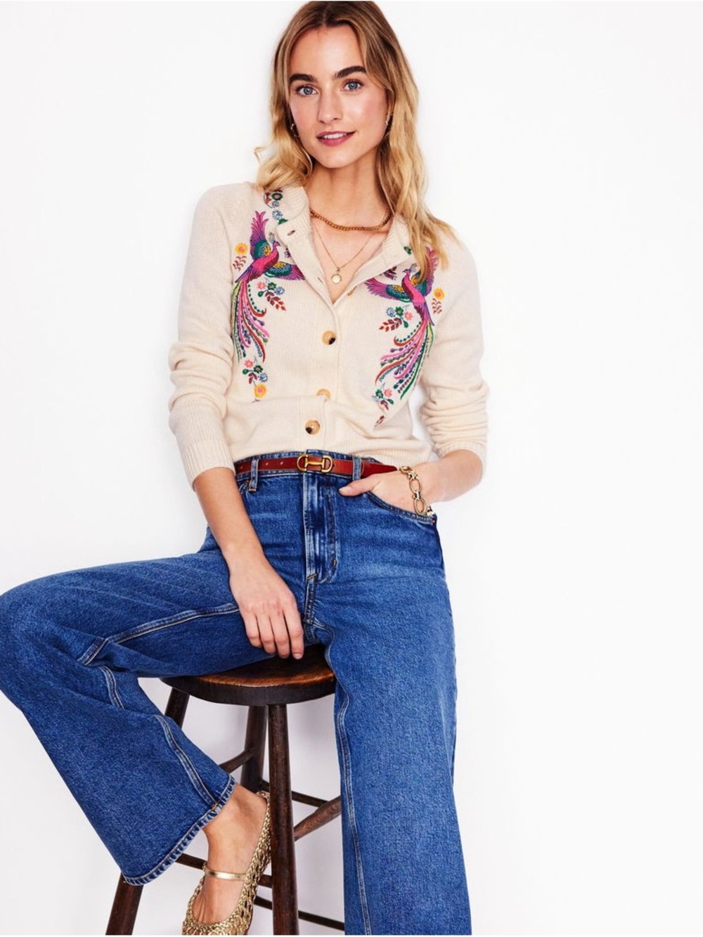 Boden Embroidered Peacock Cardigan Ivory Wool Alpaca Blend XS - Picture 2 of 6